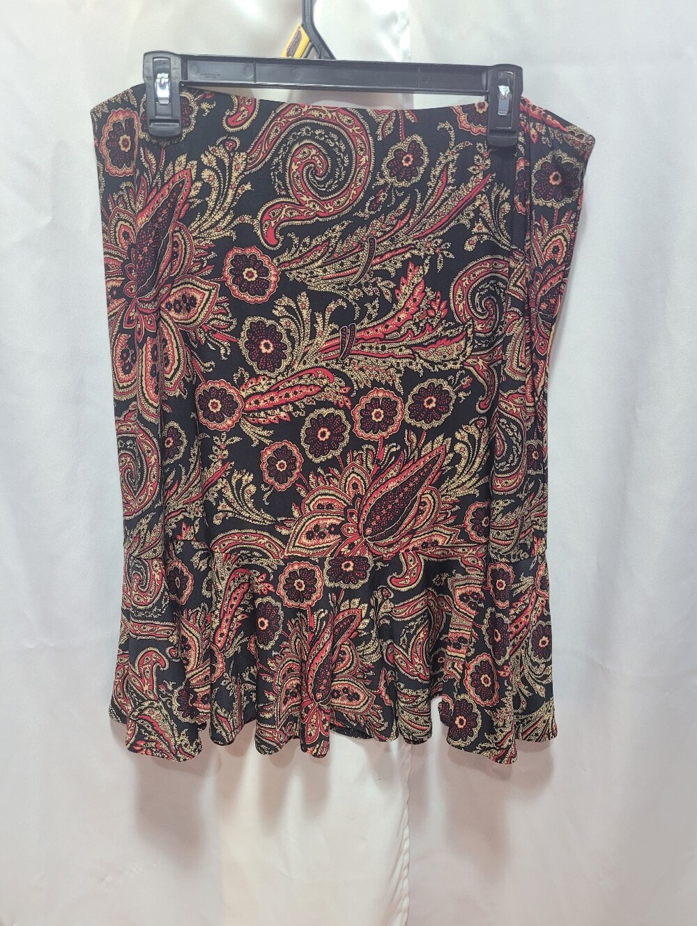 Chaps Boho Paisley Print-Black Skirt with Red & Gold Accents Flowy